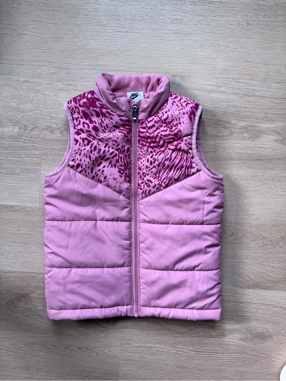 Girls Nike Pink Puffer Vest with Animal Print Yoke - Size 6/7